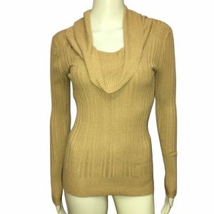 Tan Ribbed Knit Cowl Neck Long Sleeve Top Size Small